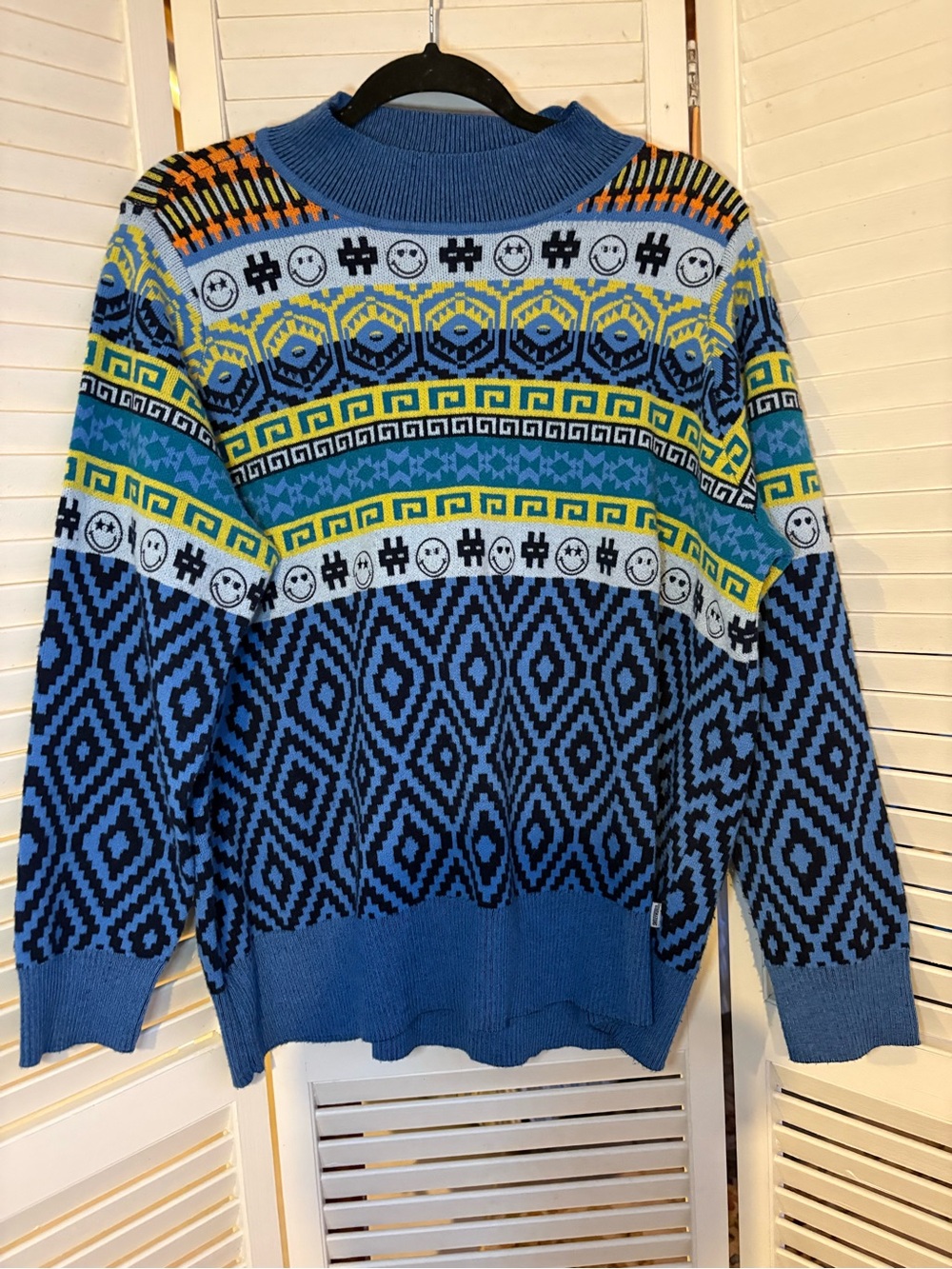 Blue Geometric Crewneck Sweater with Smile Motif